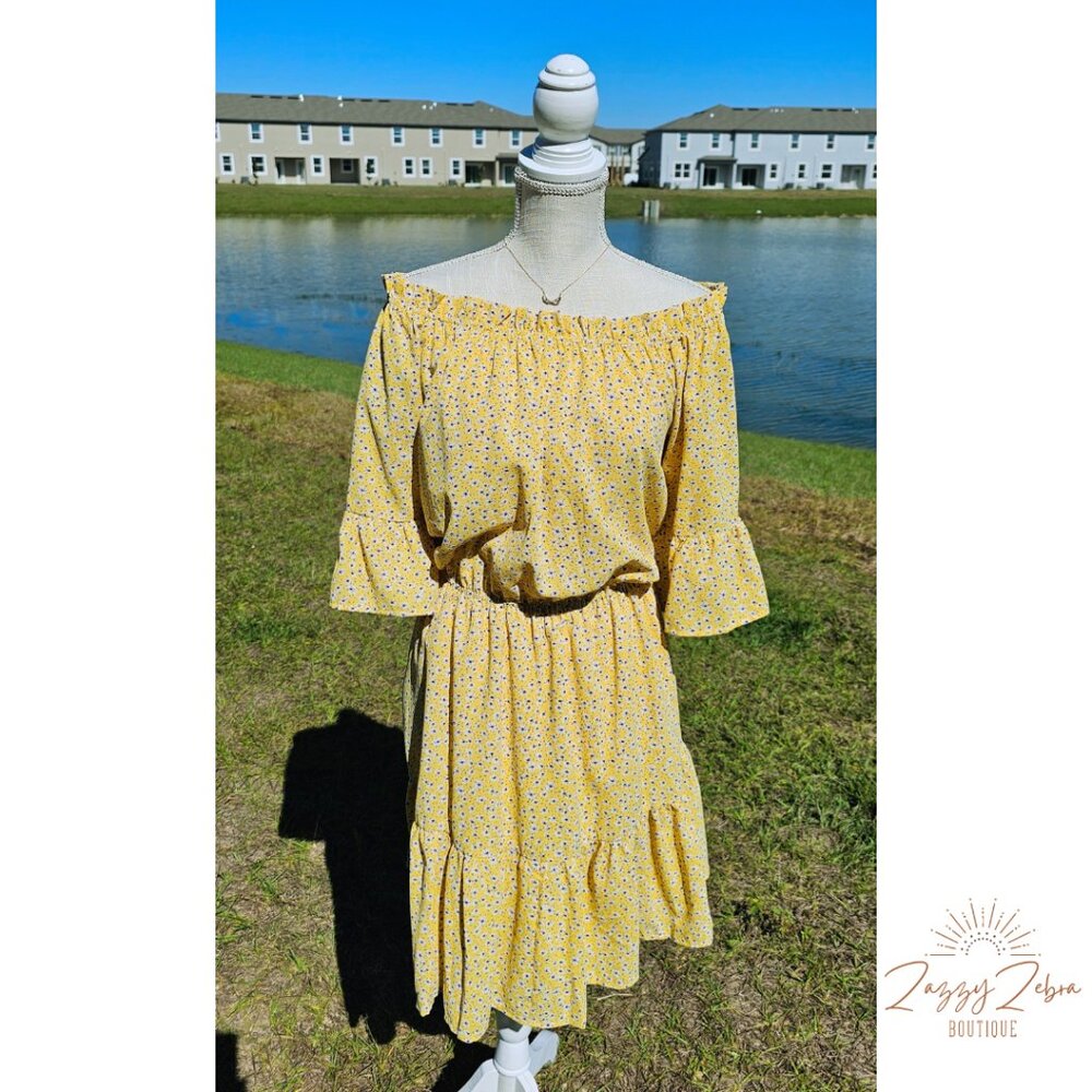 SOLD OUT - Off The Shoulder Floral Boho Short Dress - Dusty Yellow - Davi & Dani